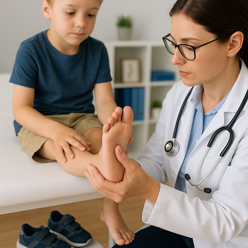 A doctor examines a young boys bare foot while he sits on an exam table. The boy looks at his foot, and his shoes are on the floor nearby. The doctor wears glasses and a white coat with a stethoscope.